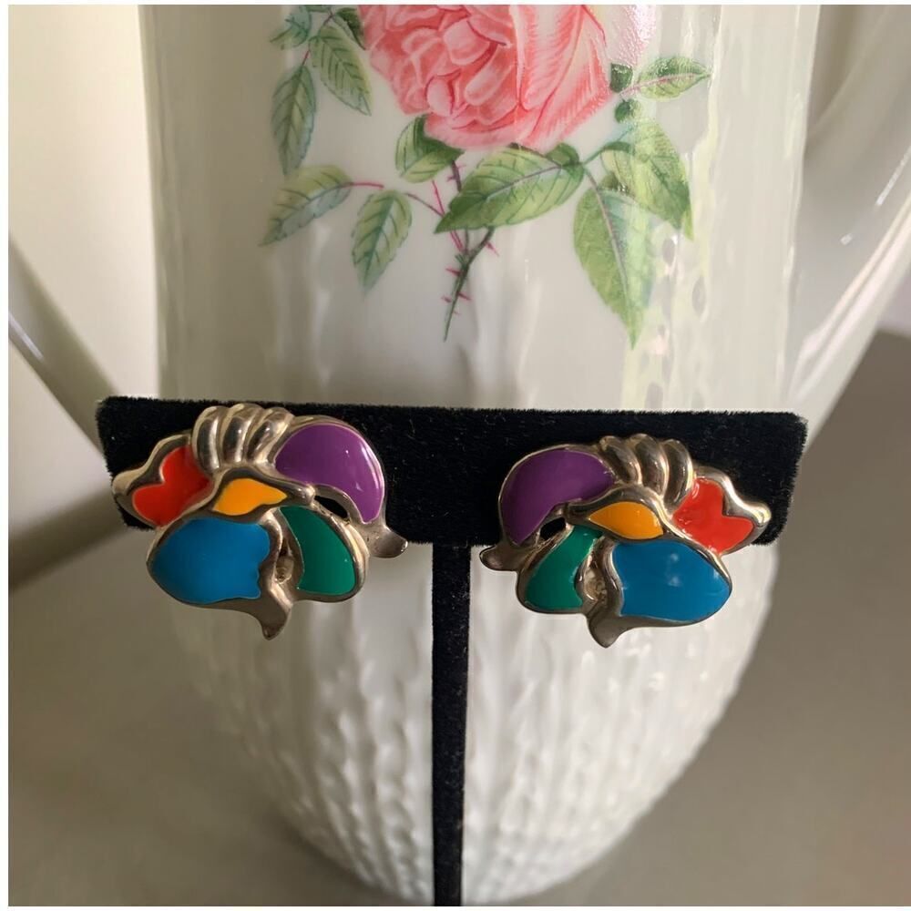 Vintage Multicolor Enamel Clip Floral Earrings, in Silver tone, Unmarked